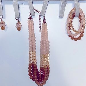 Pink and brown beaded necklace, bracelet and earring set.